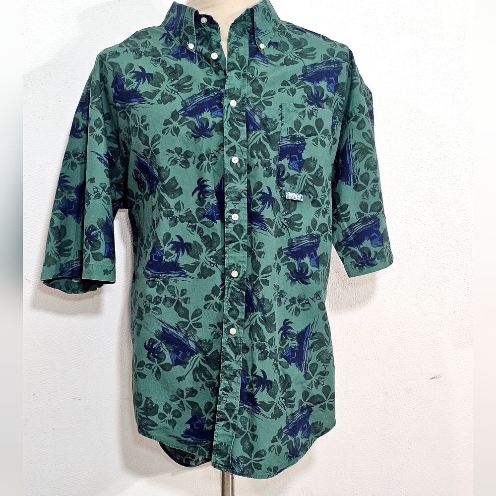 Tommy Hilfiger Men's Green and Blue Patterned Summer Shirt Cotton Spain Made XXL